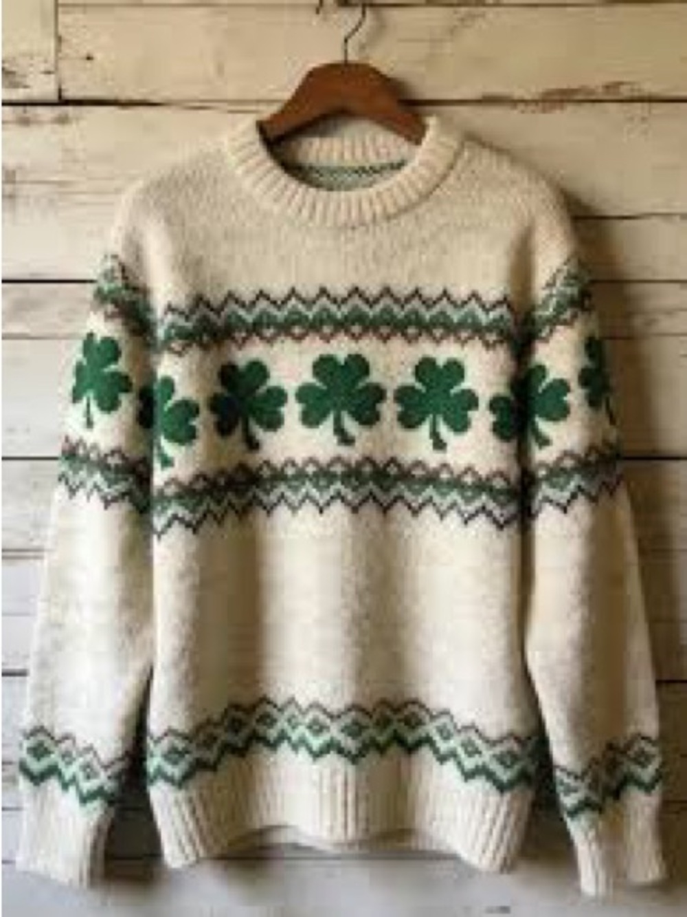 NWOT Women’s medium Cream Sweater with Green Shamrock Pattern